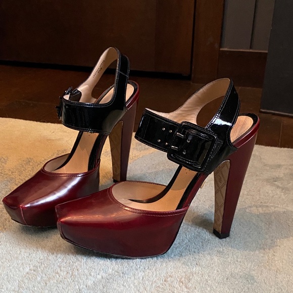 L.A.M.B. Shoes - L.A.M.B. Hamura Instep Strap Platform Burgundy and Black Heels Size 7.5